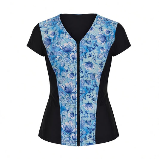 Swimwear Slimline V Neck, Cap Sleeve - Black with Fairy Blue print