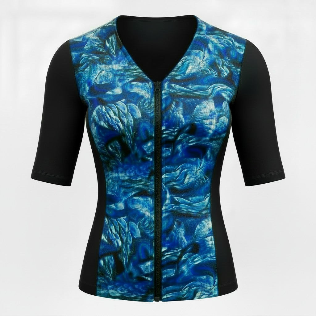 Swimwear Slimline V Neck, Elbow Sleeve - Surreal Nature - Blue