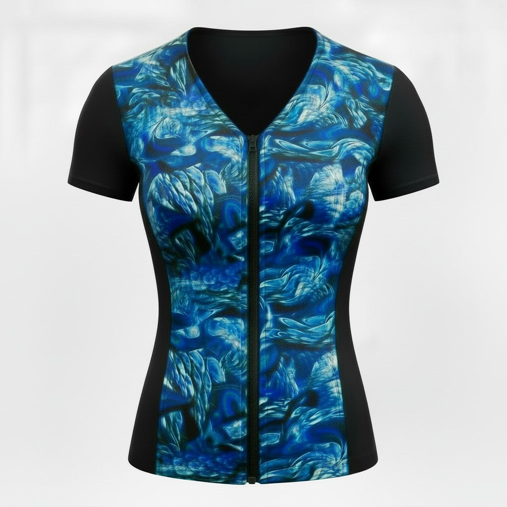 Swimwear Slimline V Neck, Cap Sleeve Top - Surreal Nature - Blue