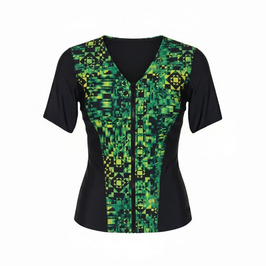Covertogs Swimwear slimline tankini top with elbow sleeves, front zip, and green geometric print on black Italian Lycra