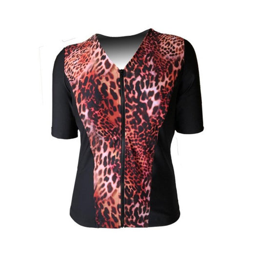 Swimwear Recycled Eco Slimline V Neck, Elbow Sleeve - Black with Leopard Stealth Print
