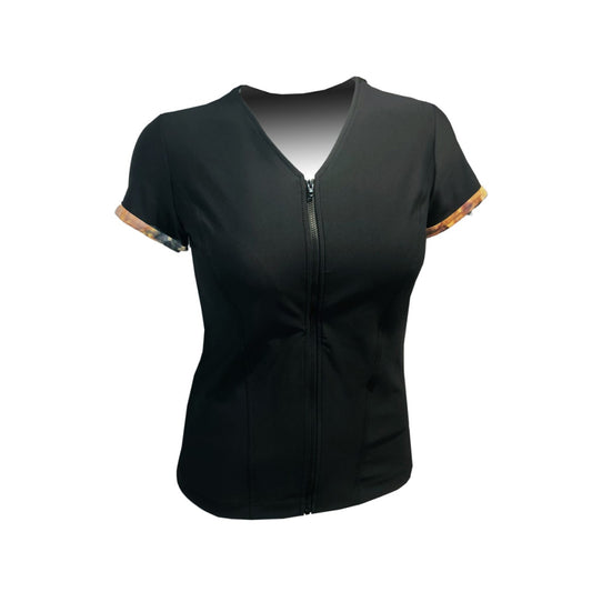 Swimwear Slimline V Neck Top, Cap Sleeve in Black with Leopard Print Sleeve Trim