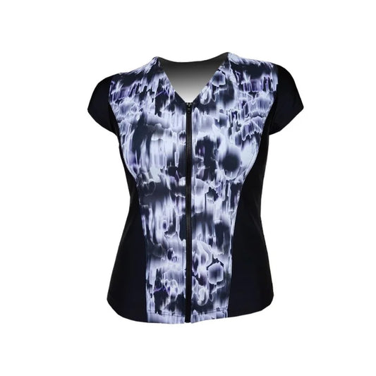 Swimwear Slimline V Neck, Cap Sleeve - Black with Black and White Watermark print