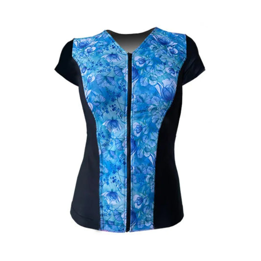 Swimwear Slimline V Neck, Cap Sleeve - Black with Fairy Blue print