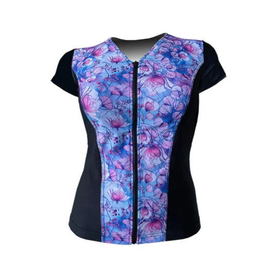 Swimwear Slimline V Neck, Cap Sleeve - Black with Fairy Pink