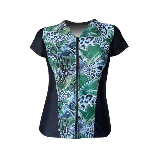 Swimwear Slimline V Neck, Cap Sleeve - Black with Jungle Green print