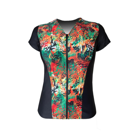 Swimwear Slimline V Neck, Cap Sleeve - Black with Jungle Sunset print