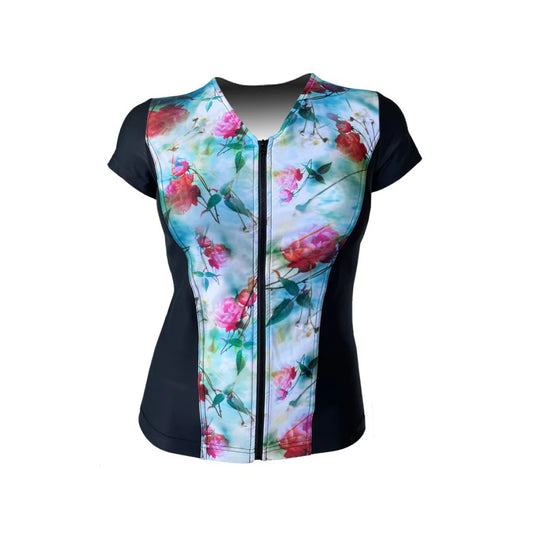 Swimwear Slimline V Neck, Cap Sleeve - Black with Red Roses print