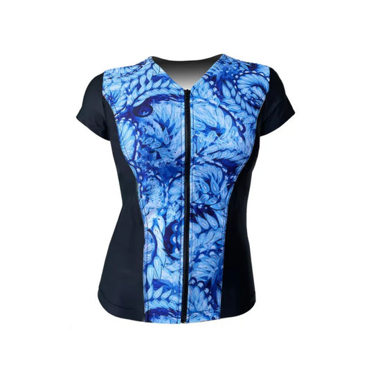 Swimwear Slimline V Neck, Cap Sleeve - Black with Whirlpool Blue print