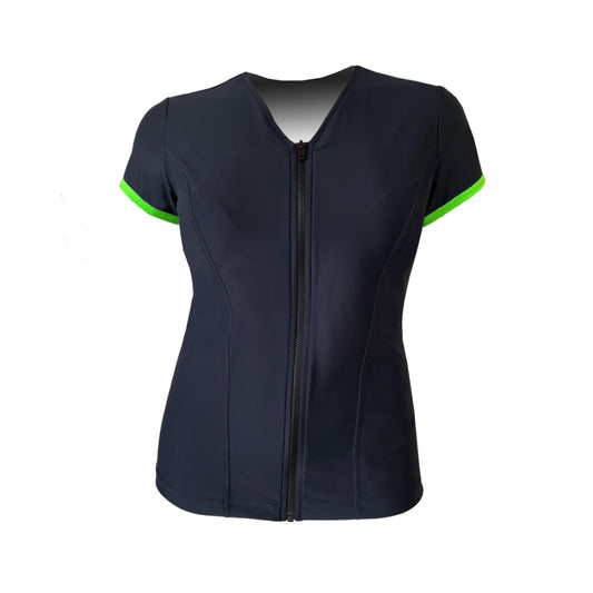 Swimwear Slimline V Neck, Cap Sleeve in Barely Black with Luscious Lime Trim