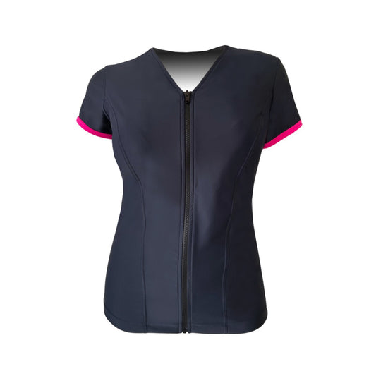 Swimwear Slimline V Neck, Cap Sleeve in Barely Black with Purely Pink Trim