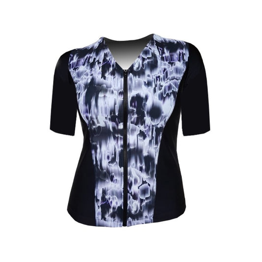 Swimwear Slimline V Neck, Elbow Sleeve - Black and White Watermark print