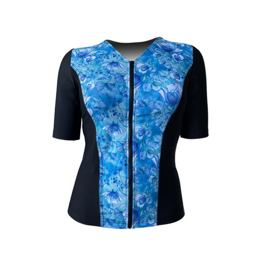 Swimwear Slimline V Neck, Elbow Sleeve - Black with Fairy Blue print