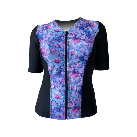 Swimwear Slimline V Neck, Elbow Sleeve - Black with Fairy Pink print