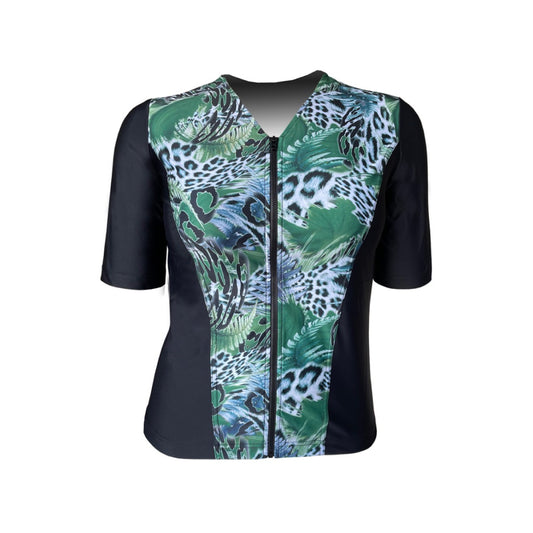 Swimwear Slimline V Neck, Elbow Sleeve - Black with Jungle Green print