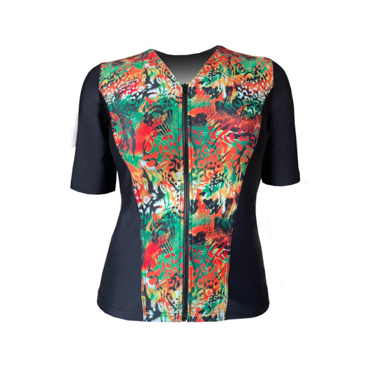 Swimwear Slimline V Neck, Elbow Sleeve - Black with Jungle Sunset print