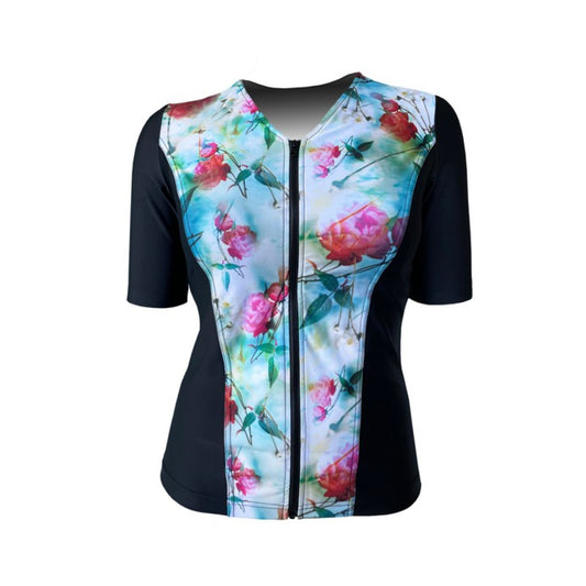 Swimwear Slimline V Neck, Elbow Sleeve - Black with Red Roses print