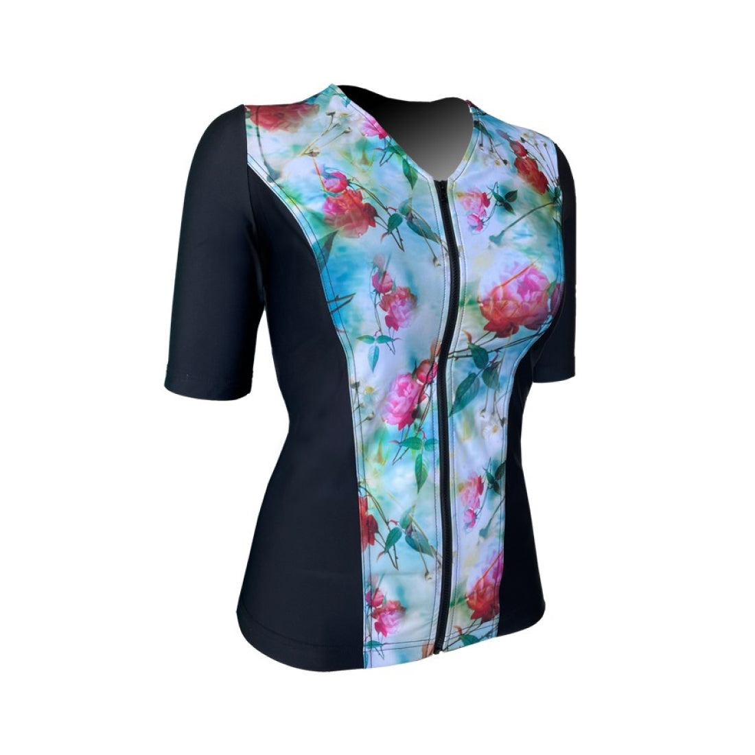 Swimwear Slimline V Neck, Elbow Sleeve - Black with Red Roses print