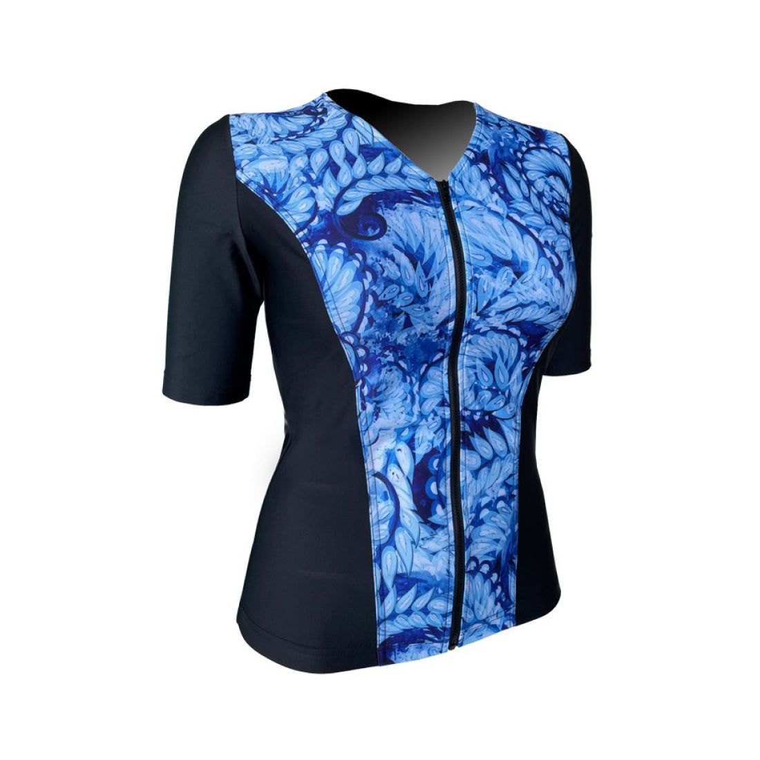 Swimwear Slimline V Neck, Elbow Sleeve - Black with Whirlpool Blue print