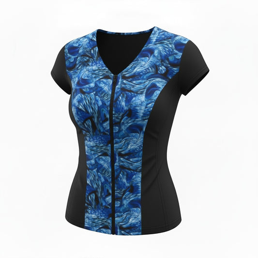 Covertogs Swimwear blue surreal nature print cap sleeve top with a front zip and V-neck in recycled Italian Lycra.