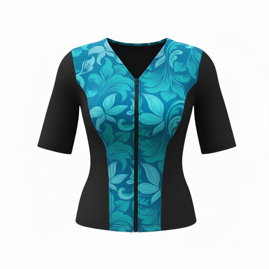 Covertogs Swimwear slimline tankini top with floral blue and green print, elbow sleeves, and front zip closure.