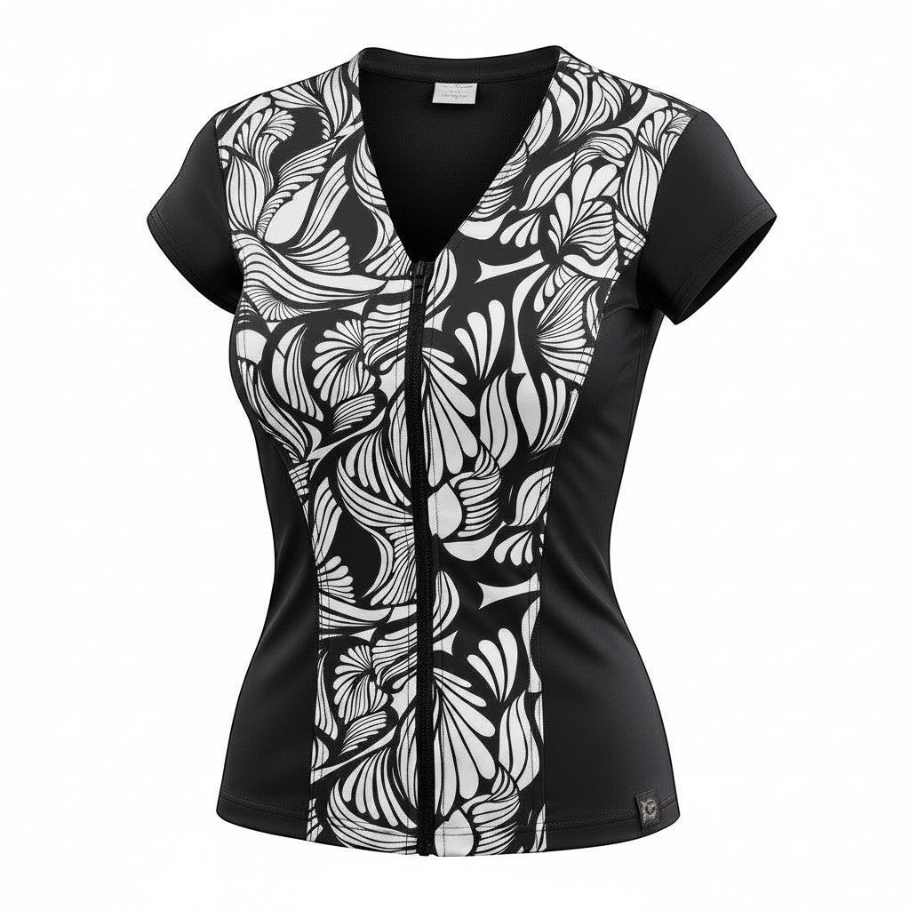 Covertogs Swimwear black and white stencil print cap sleeve top with a front zip and V-neck in recycled Italian Lycra.