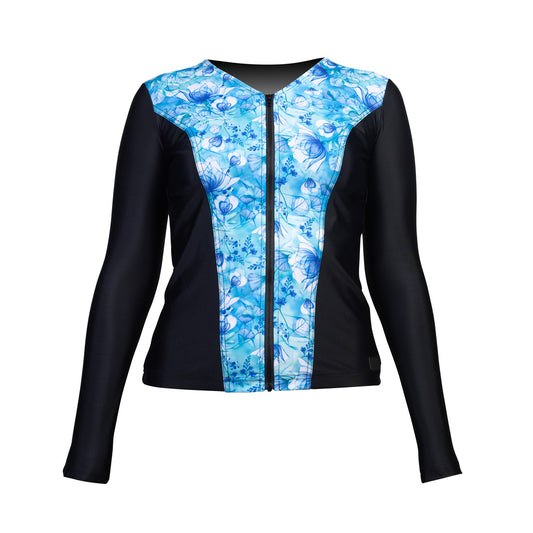 Swimwear Slimline V Neck, Long Sleeve Tankini Top - Black with Fairy Blue