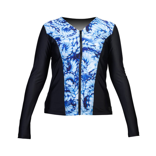 Swimwear Slimline V Neck, Long Sleeve Tankini Top - Black with Whirlpool Blue Print
