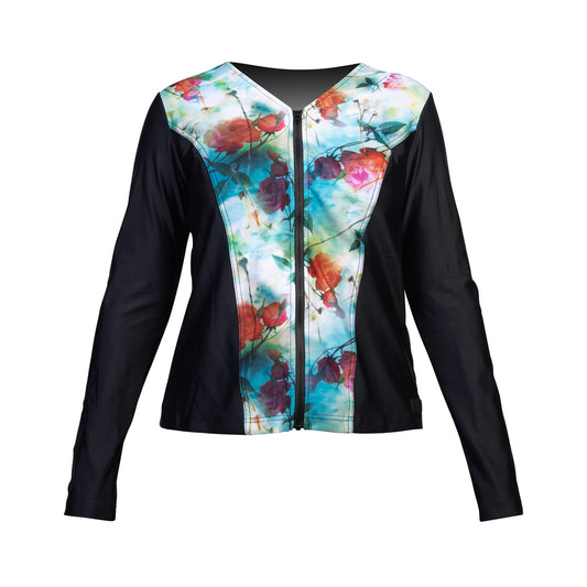 Swimwear Slimline V Neck, Long Sleeve Tankini Top - Black with Red Roses Print