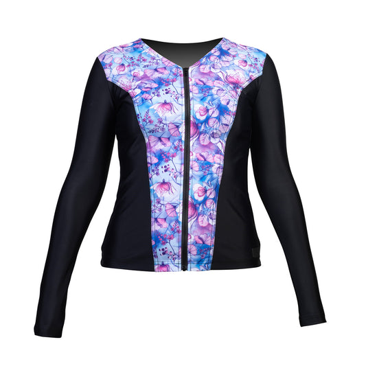 Swimwear Slimline V Neck, Long Sleeve Tankini Top - Black with Fairy Pink Print