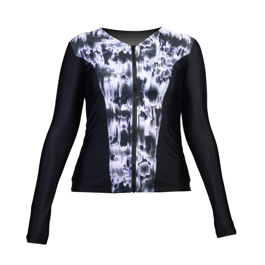 Swimwear Slimline V Neck, Long Sleeve Tankini Top - Black and White Watermark Print