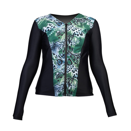 Swimwear Slimline V Neck, Long Sleeve Tankini Top - Black with Jungle Green Print