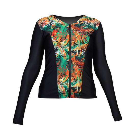 Swimwear Slimline V Neck, Long Sleeve Tankini Top - Black with Jungle Sunset Print