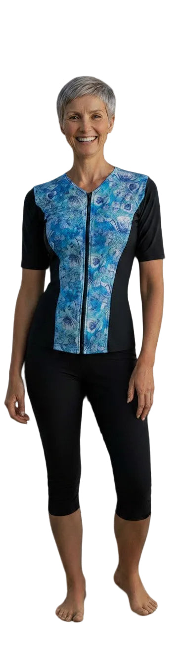 Swimwear Slimline V Neck, Elbow Sleeve - Black with Fairy Blue print