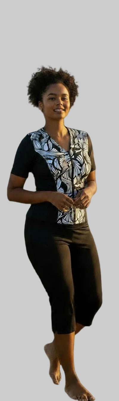 Swimwear Slimline V Neck, Elbow Sleeve Top - Modern Classic-Black & White