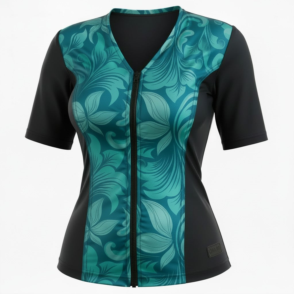 Swimwear Slimline V Neck Elbow Sleeve - Floral Blues & Green