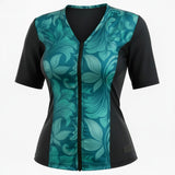 Swimwear Slimline V Neck Elbow Sleeve - Floral Blues & Green