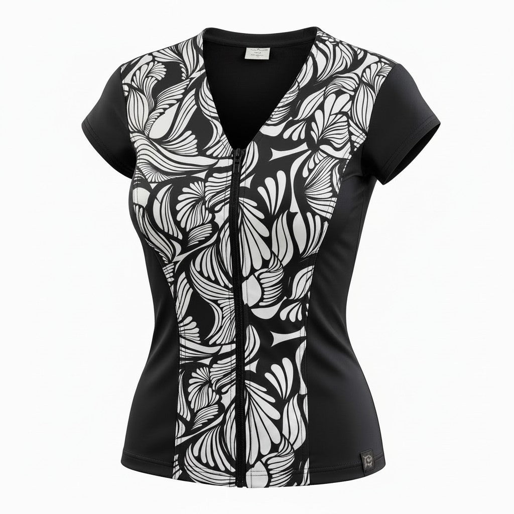 Swimwear Slimline V Neck Cap Sleeve Top - Stencil - Black & White