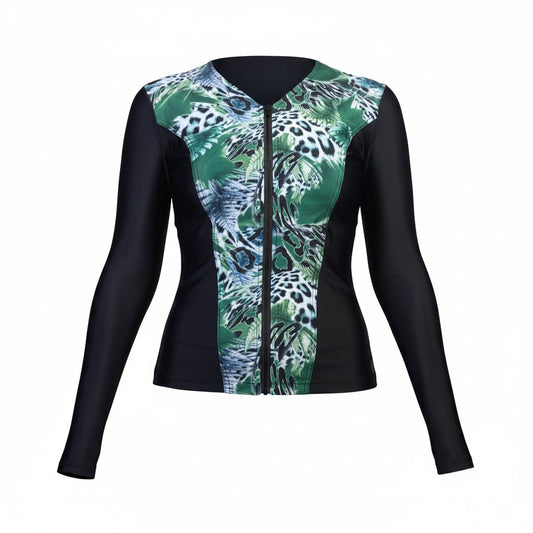 Swimwear Slimline V Neck, Long Sleeve Tankini Top - Black with Jungle Green Print