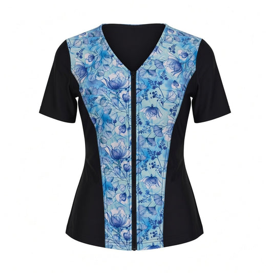 Swimwear Slimline V Neck, Elbow Sleeve - Black with Fairy Blue print