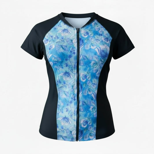Swimwear Slimline V Neck, Cap Sleeve - Black with Fairy Blue print