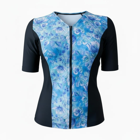 Swimwear Slimline V Neck, Elbow Sleeve - Black with Fairy Blue print