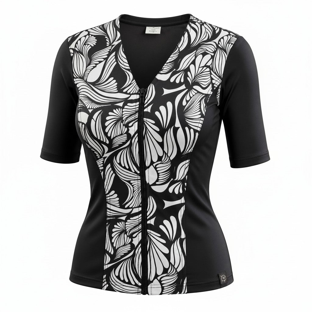 Swimwear Slimline V Neck, Elbow Sleeve Top - Stencil Black & White