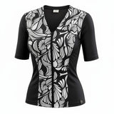 Swimwear Slimline V Neck, Elbow Sleeve Top - Stencil Black & White