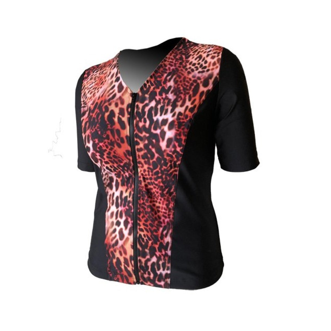 Swimwear Recycled Eco Slimline V Neck, Elbow Sleeve - Black with Leopard Stealth Print