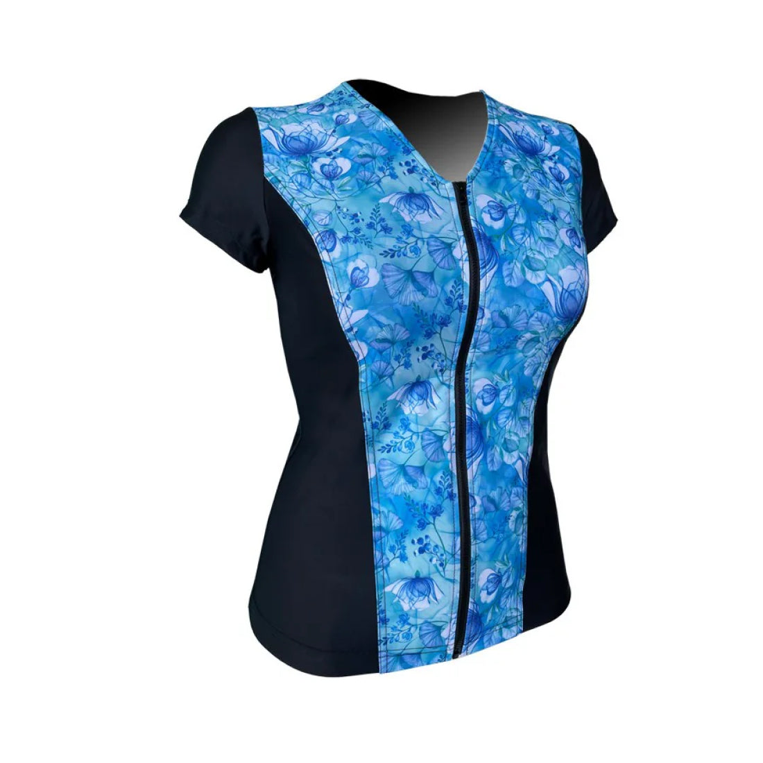 Swimwear Slimline V Neck, Cap Sleeve - Black with Fairy Blue print