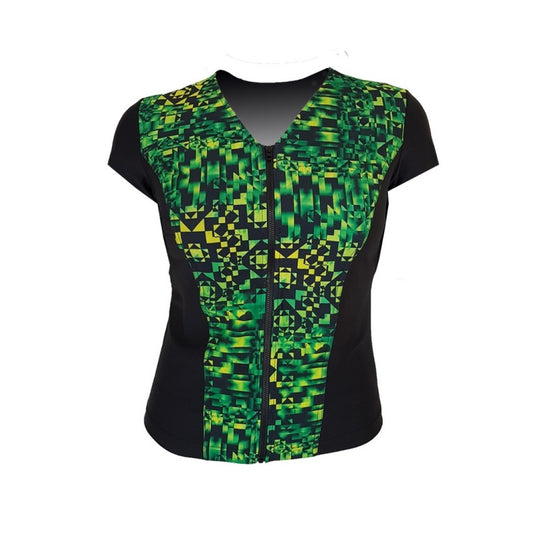 Swimwear Slimline V Neck, Cap Sleeve - Black with Green Groove print