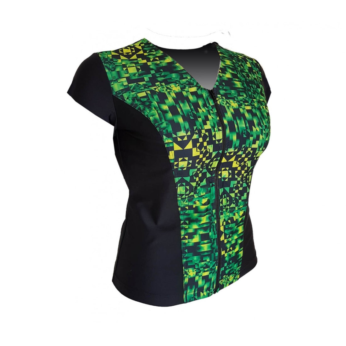 Swimwear Slimline V Neck, Cap Sleeve - Black with Green Groove print