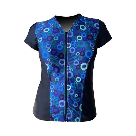 Swimwear Slimline V Neck, Cap Sleeve - Black with Waterwheels print