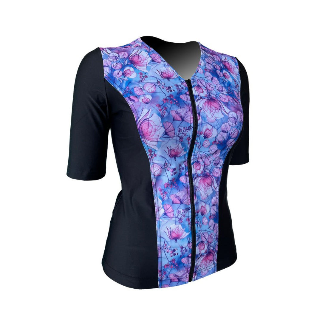 Swimwear Slimline V Neck, Elbow Sleeve - Black with Fairy Pink print